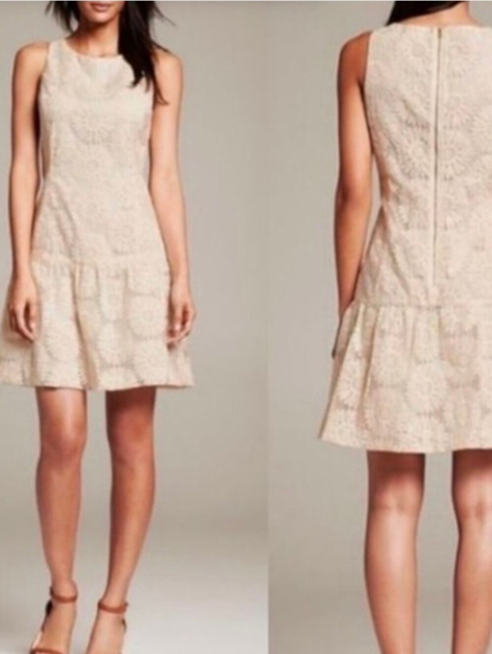 Banana Republic Cream Floral Embroidered Drop-Waist Dress Size 10 NWT
